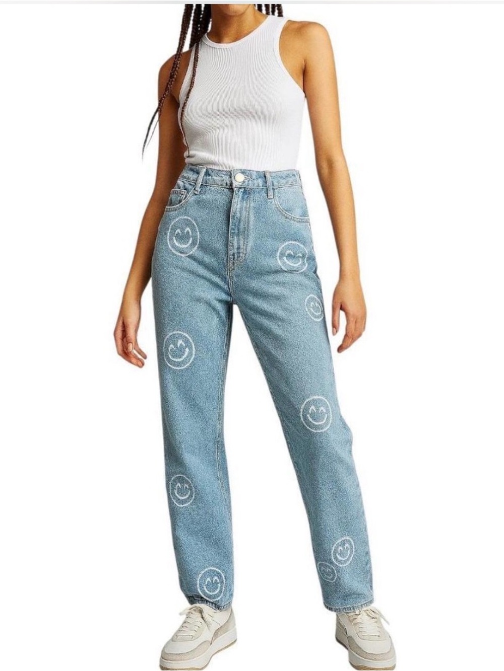 Y2K Hollister Ultra High Rise Dad Straight-Leg Jeans with White Smiley Print